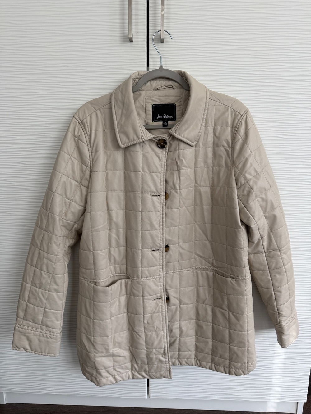 Sam Edelman Quilted Light Taupe Leather-Trim Jacket